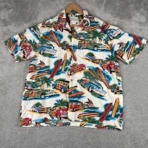 Diamond Head Sportswear Hawaiian Shirt Mens Large White Woody Wagon Surf Rayon